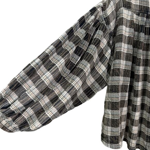 Free People Jessi Plaid Balloon Sleeve Top Small Brown Boho Cottage Casual - Picture 6 of 9